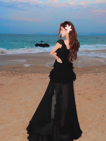 Black A Line V Neck Ruffle Chiffon Long Prom Dress Vacation Dress HZ1023